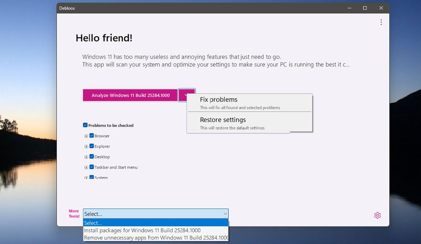 Bloatynosy main interface showing debloat options