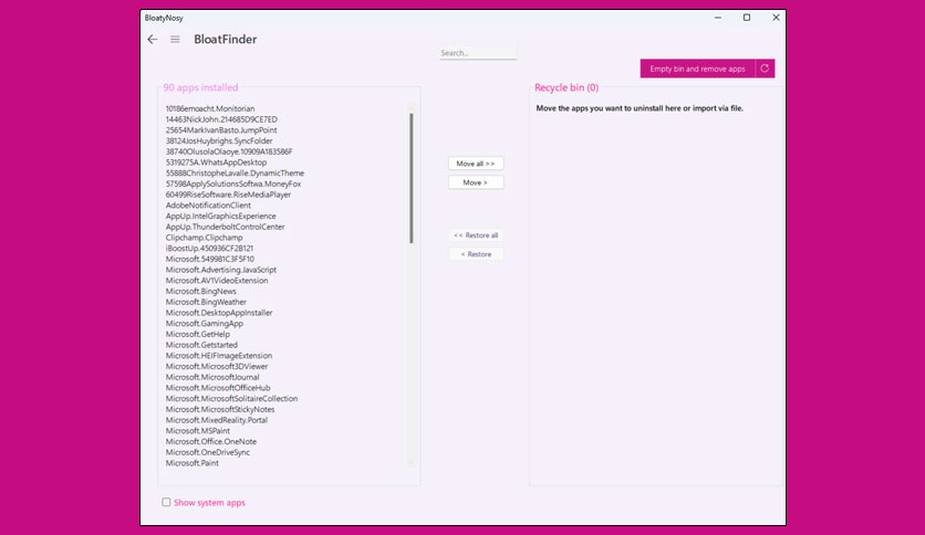 Bloatynosy Windows 11 bloatware removal screen