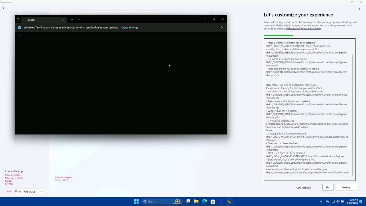Bloatynosy applying fixes with real-time log showing registry changes and app removals