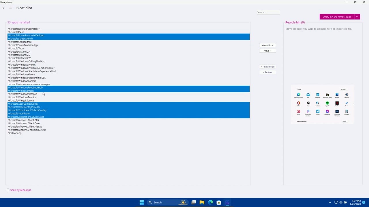 Bloatynosy BloatPilot module showing list of installed apps with removal options