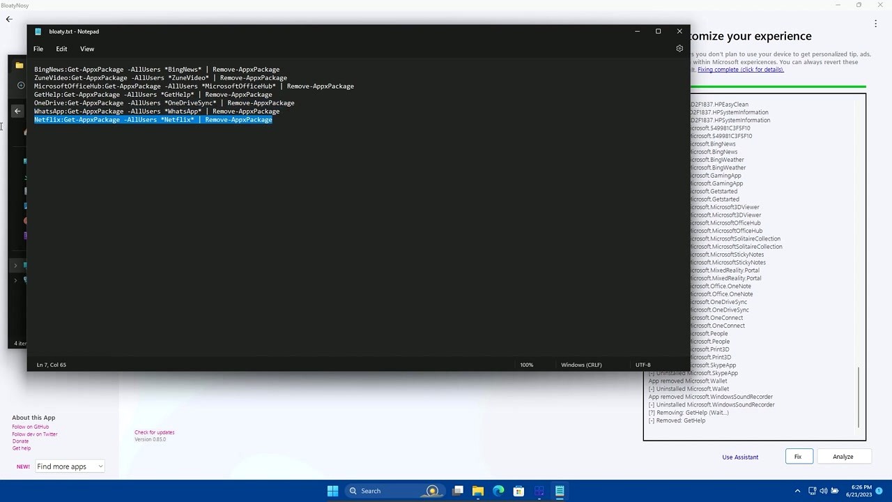 Bloatynosy advanced mode showing PowerShell commands in bloaty.txt for custom app removal